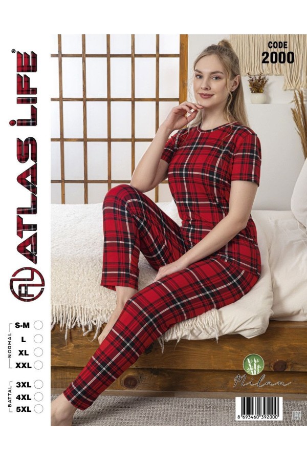 Toptan Atlas Life Kısa Kollu Uzun Pantolonlu Pijama Takımı Kırmızı Ekose Normal