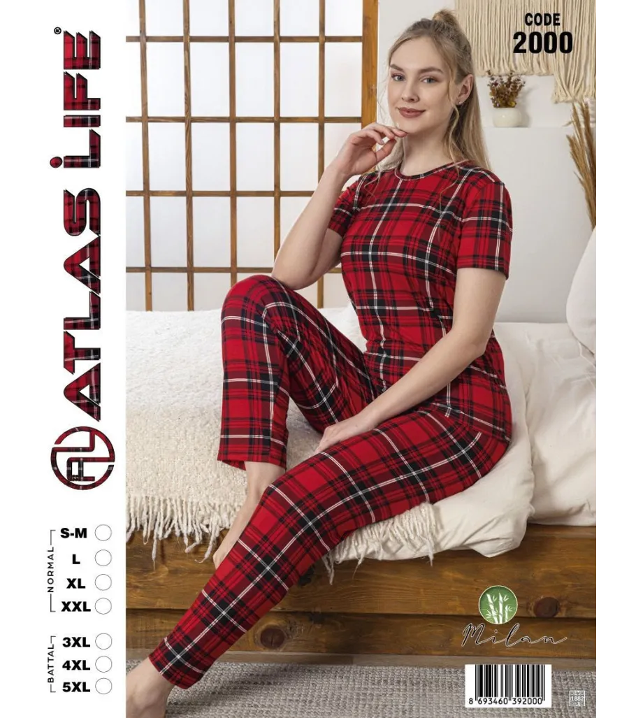 Toptan Atlas Life Kısa Kollu Uzun Pantolonlu Pijama Takımı Kırmızı Ekose Normal