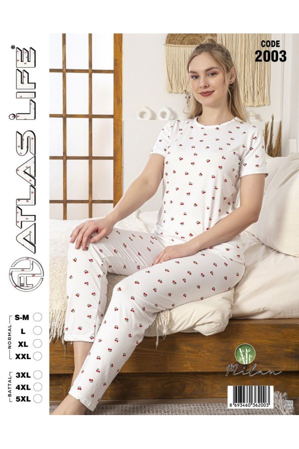 Toptan Atlas Life Kısa Kollu Uzun Pantolonlu Pijama Takımı Beyaz Kalp Desenli Normal