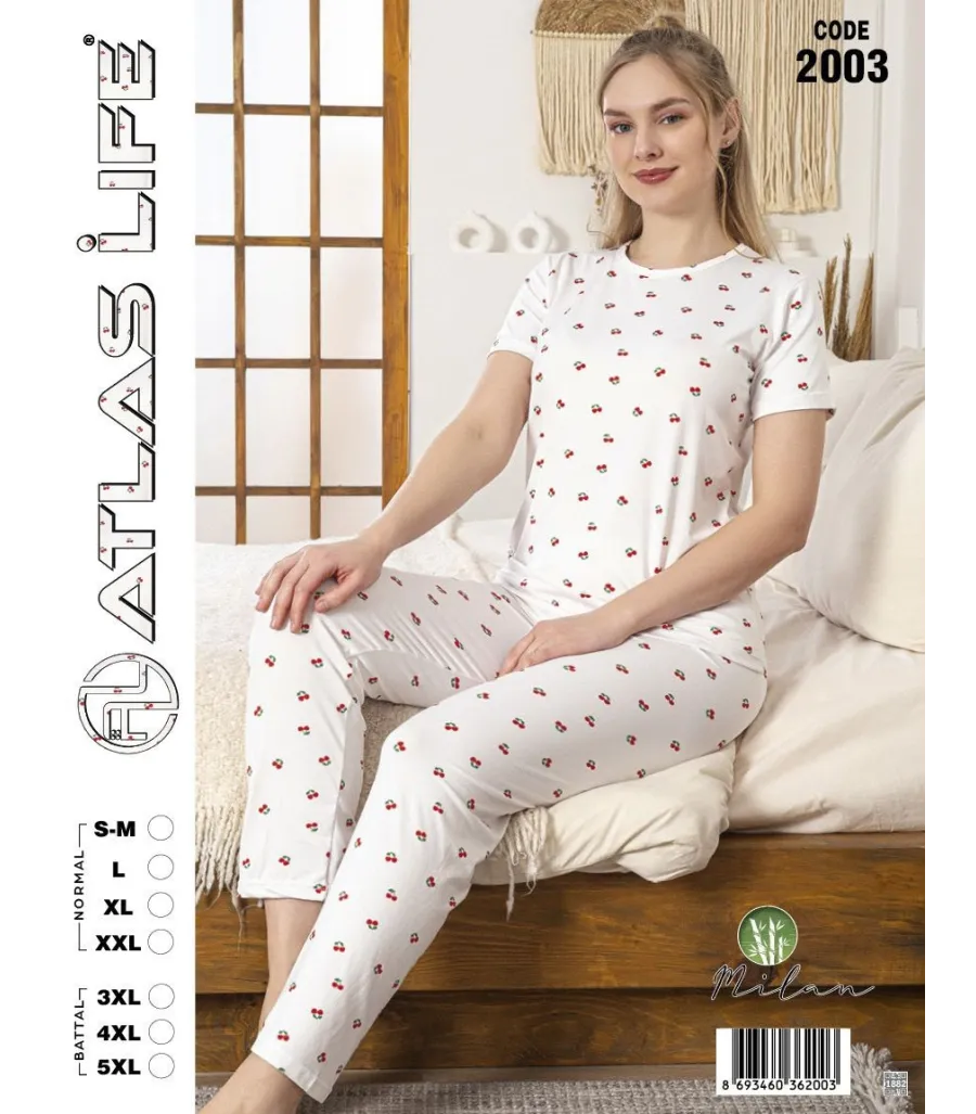 Toptan Atlas Life Kısa Kollu Uzun Pantolonlu Pijama Takımı Beyaz Kalp Desenli Normal