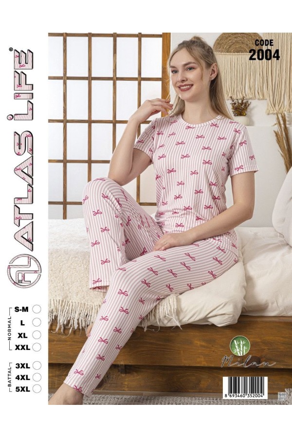 Toptan Atlas Life Kısa Kollu Uzun Pantolonlu Pijama Takımı Pembe Çizgili Kalp Desenli Normal