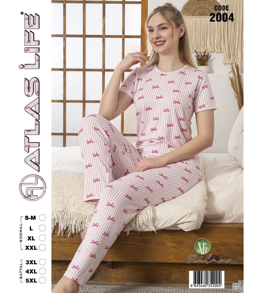 Toptan Atlas Life Kısa Kollu Uzun Pantolonlu Pijama Takımı Pembe Çizgili Kalp Desenli Battal