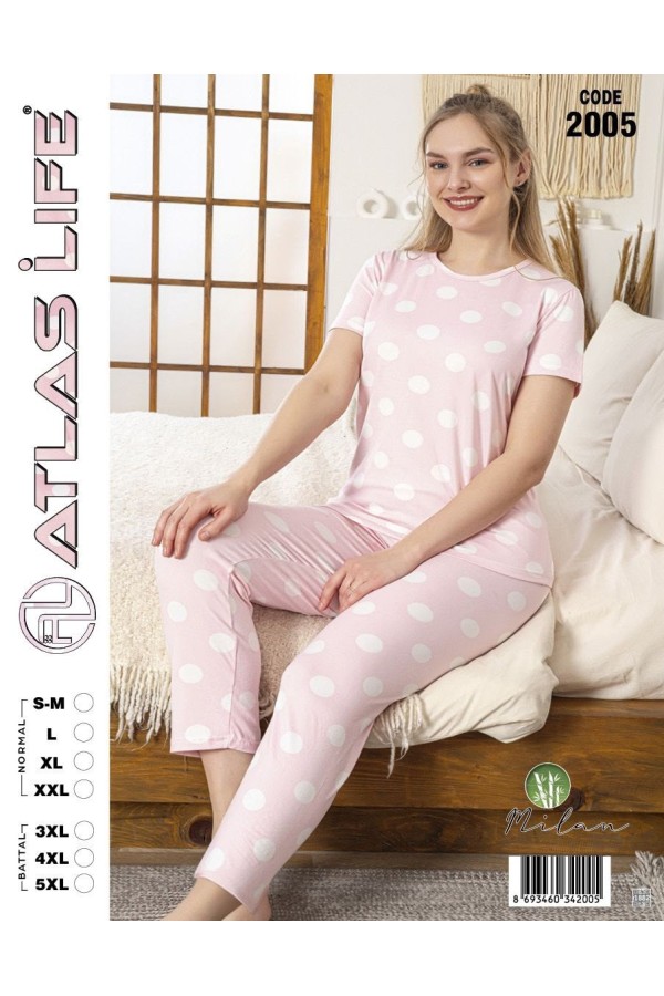 Toptan Atlas Life Kısa Kollu Uzun Pantolonlu Pijama Takımı Pudra Kalp Desenli Normal