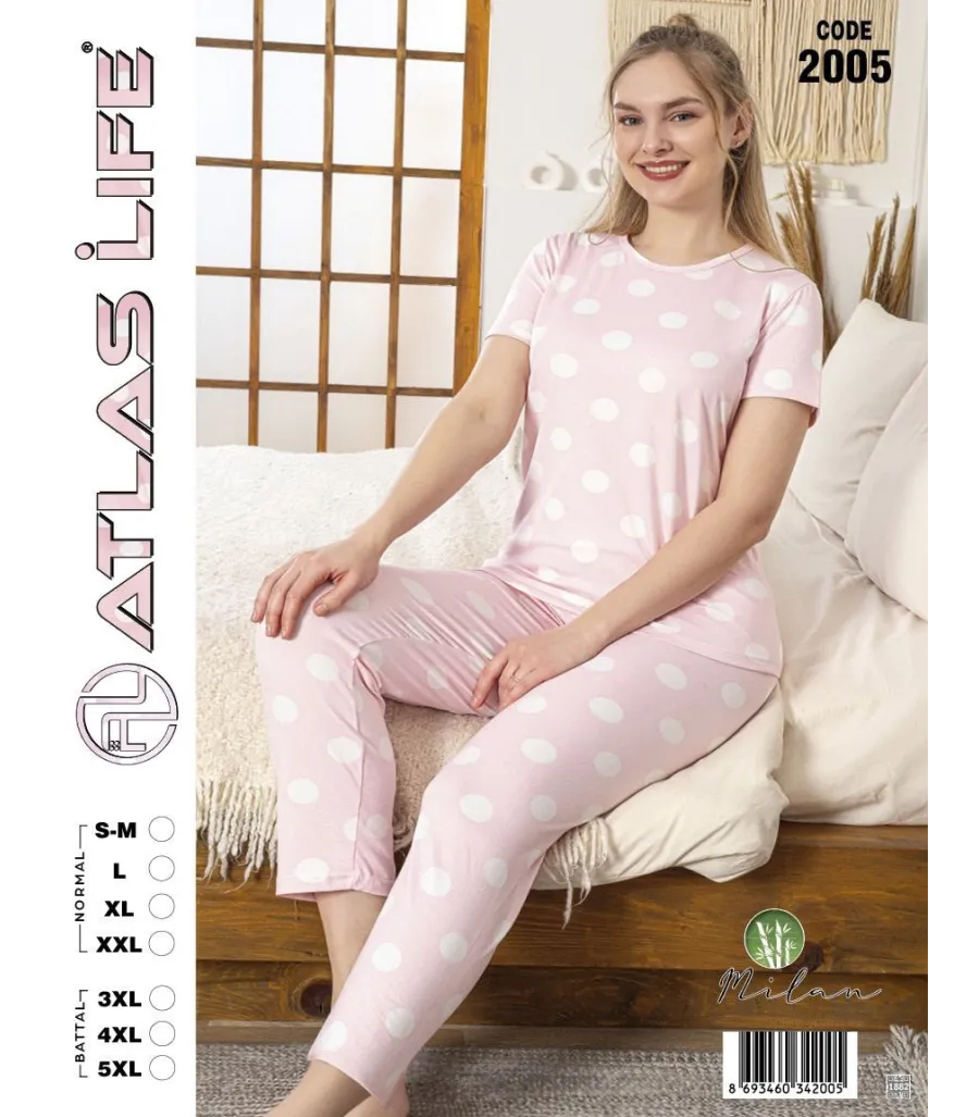 Toptan Atlas Life Kısa Kollu Uzun Pantolonlu Pijama Takımı Pudra Kalp Desenli Normal