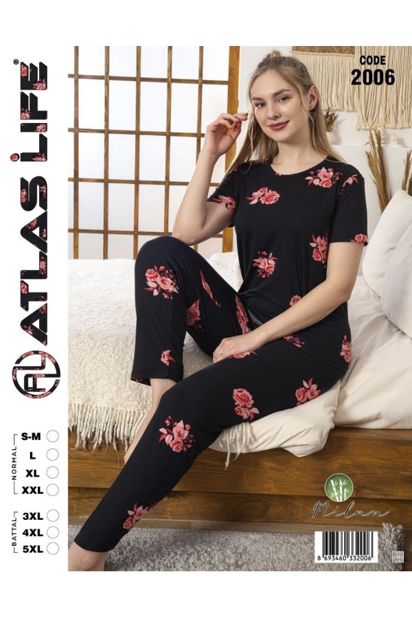 Toptan Atlas Life Kısa Kollu Uzun Pantolonlu Pijama Takımı Siyah Gül Desenli Battal