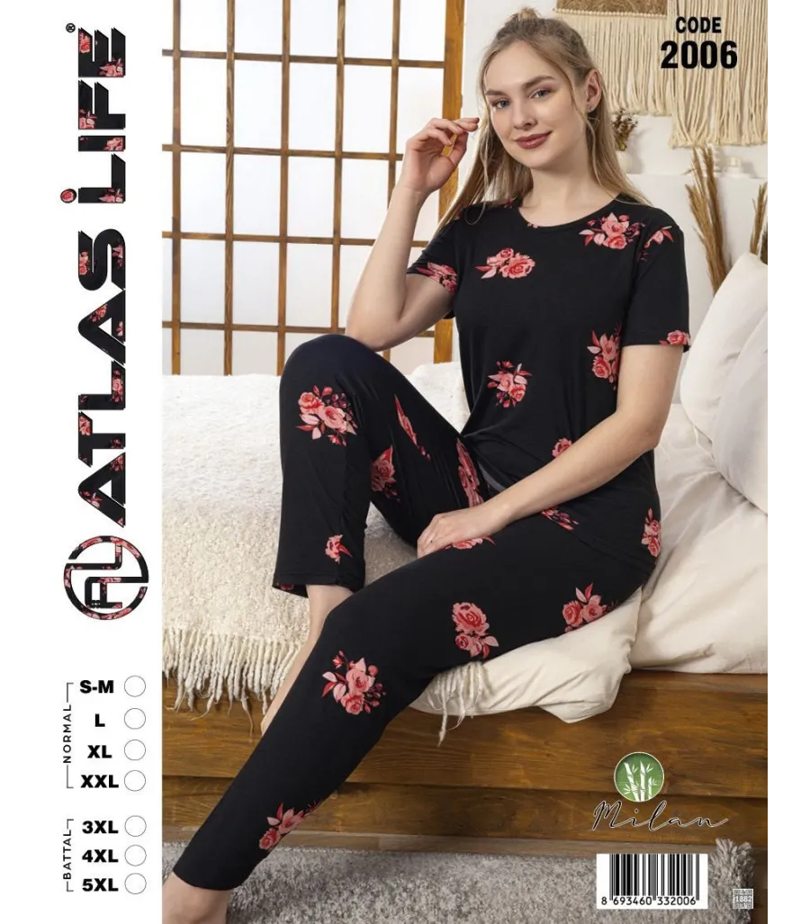 Toptan Atlas Life Kısa Kollu Uzun Pantolonlu Pijama Takımı Siyah Gül Desenli Battal
