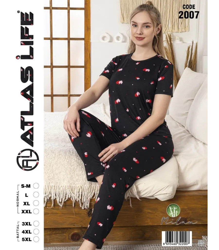 Toptan Atlas Life Kısa Kollu Uzun Pantolonlu Pijama Takımı Siyah Küçük Kalp Desenli Normal