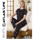 Toptan Atlas Life Kısa Kollu Uzun Pantolonlu Pijama Takımı Siyah Küçük Kalp Desenli Normal