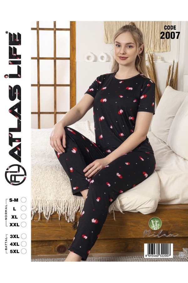 Toptan Atlas Life Kısa Kollu Uzun Pantolonlu Pijama Takımı Siyah Küçük Kalp Desenli Battal