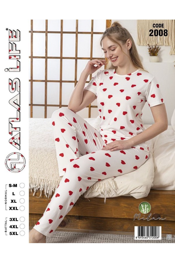 Toptan Atlas Life Kısa Kollu Uzun Pantolonlu Pijama Takımı Beyaz Büyük Kalp Desenli Normal