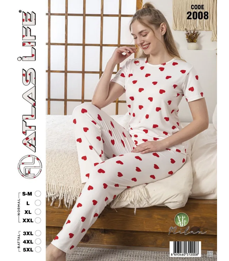 Toptan Atlas Life Kısa Kollu Uzun Pantolonlu Pijama Takımı Beyaz Büyük Kalp Desenli Battal