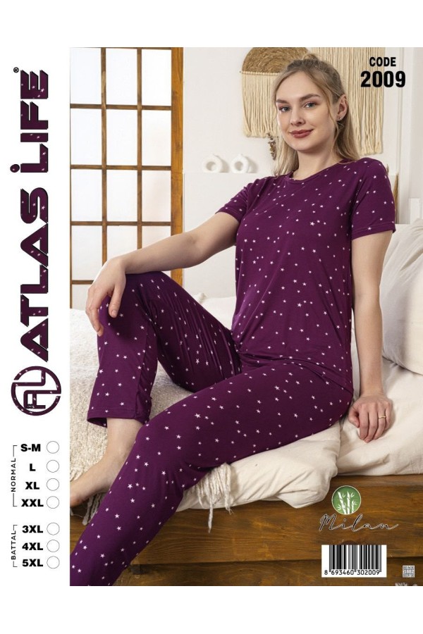 Toptan Atlas Life Kısa Kollu Uzun Pantolonlu Pijama Takımı Mor Puantiyeli Normal