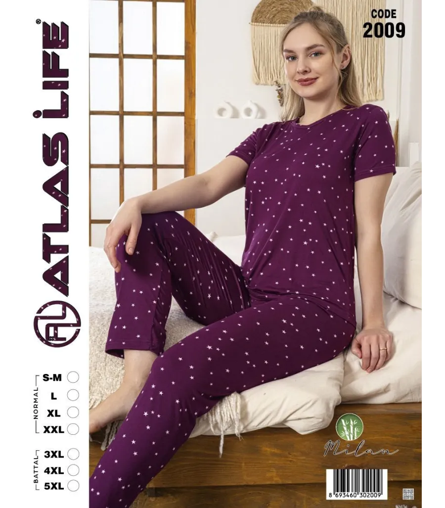 Toptan Atlas Life Kısa Kollu Uzun Pantolonlu Pijama Takımı Mor Puantiyeli Battal