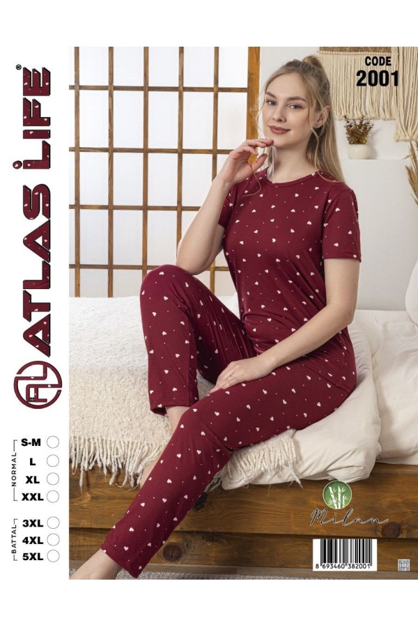 Toptan Atlas Life Kısa Kollu Uzun Pantolonlu Pijama Takımı Bordo Puantiyeli Normal