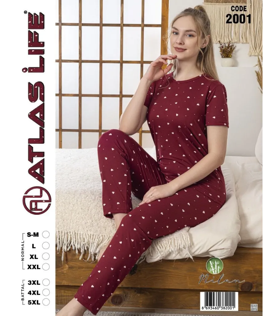 Toptan Atlas Life Kısa Kollu Uzun Pantolonlu Pijama Takımı Bordo Puantiyeli Normal