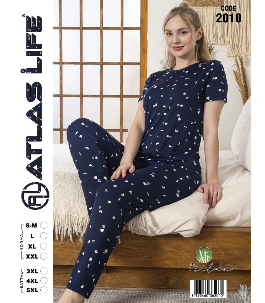 Toptan Atlas Life Kısa Kollu Uzun Pantolonlu Pijama Takımı Lacivert Puantiyeli Normal
