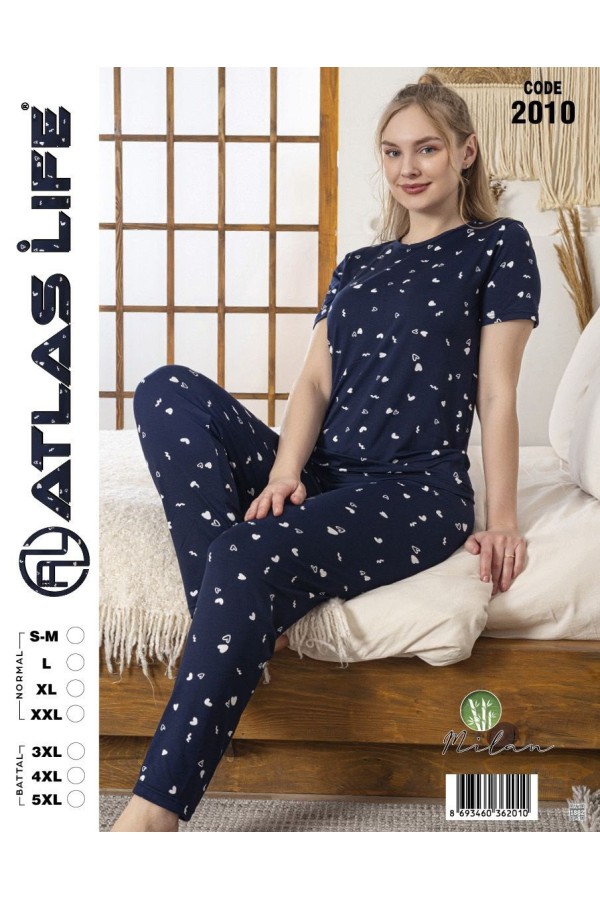 Toptan Atlas Life Kısa Kollu Uzun Pantolonlu Pijama Takımı Lacivert Puantiyeli Battal