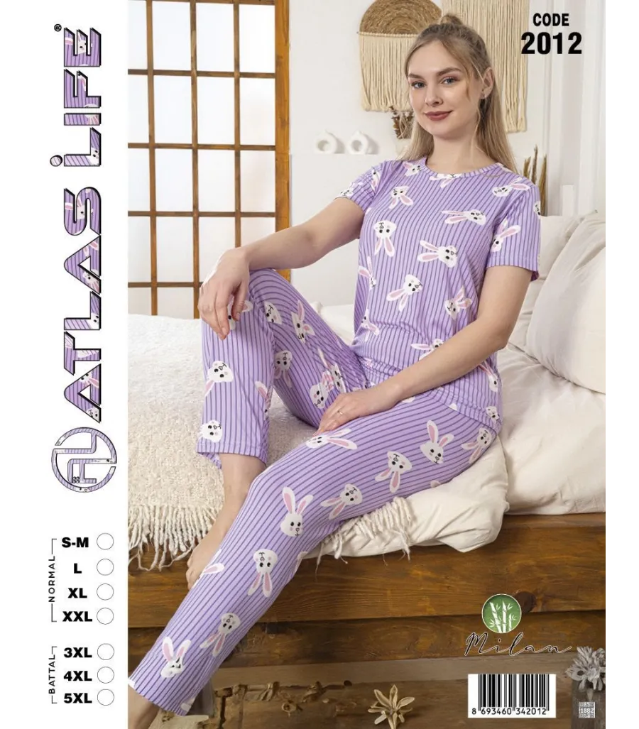 Toptan Atlas Life Kısa Kollu Uzun Pantolonlu Pijama Takımı Lila Tavşan Desenli Çizgili Normal