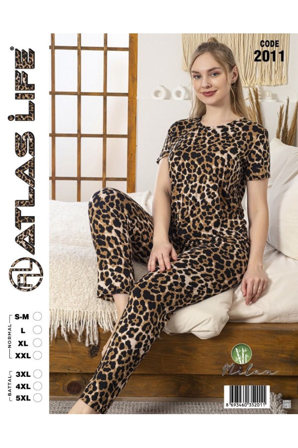 Toptan Atlas Life Kısa Kollu Uzun Pantolonlu Pijama Takımı Leopar Desenli Battal