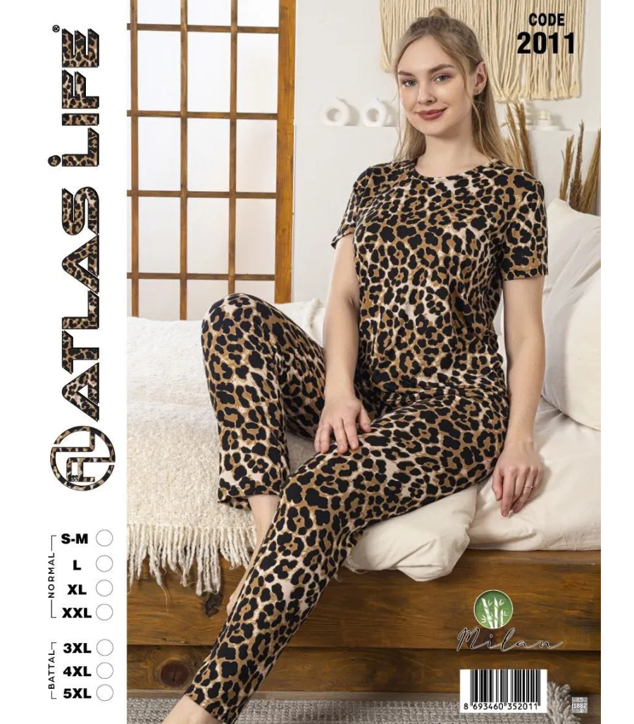 Toptan Atlas Life Kısa Kollu Uzun Pantolonlu Pijama Takımı Leopar Desenli Battal