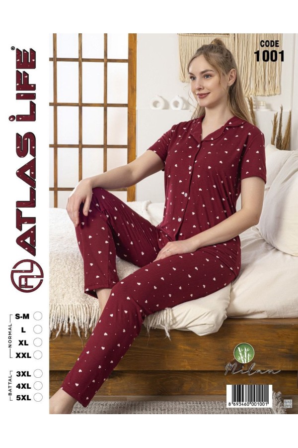 Toptan Atlas Life Gömlek Yaka Kısa Kollu Pijama Takımı Bordo Puantiyeli Battal