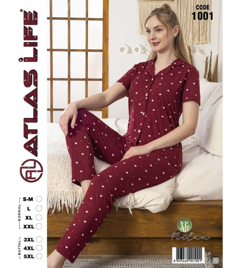 Toptan Atlas Life Gömlek Yaka Kısa Kollu Pijama Takımı Bordo Puantiyeli Battal