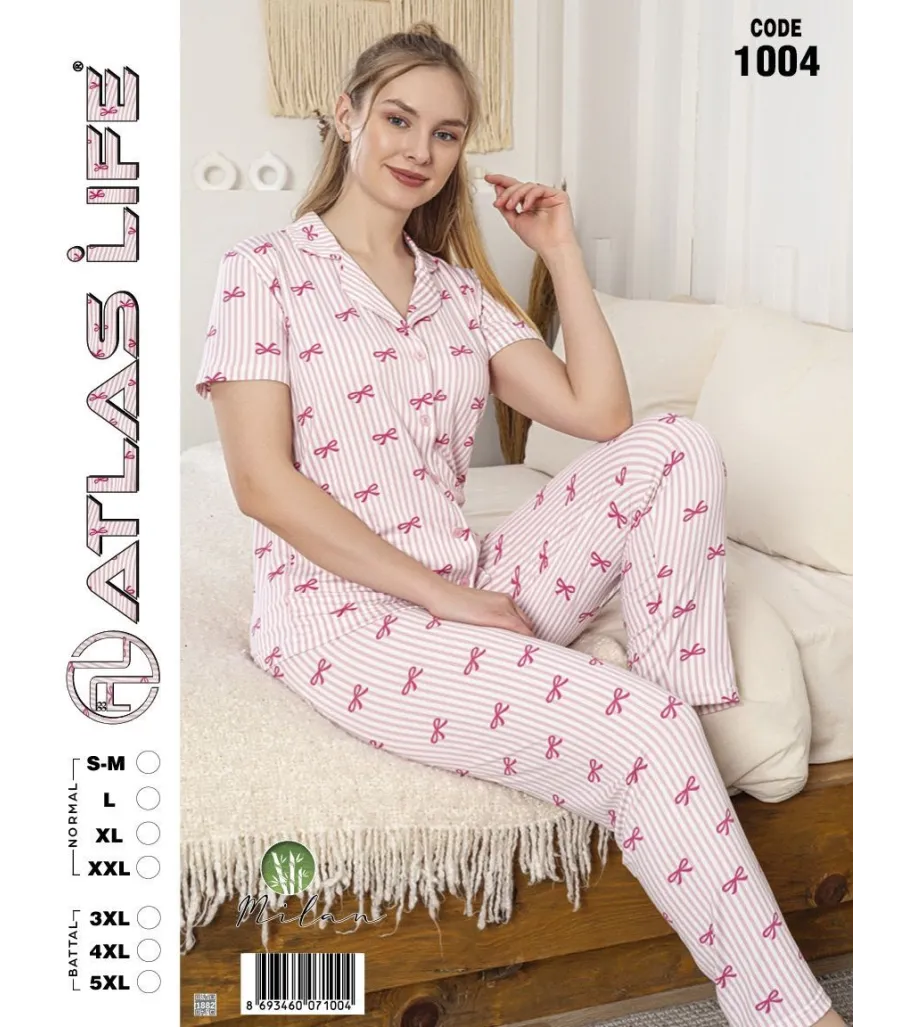 Toptan Atlas Life Gömlek Yaka Kısa Kollu Pijama Takımı Pembe Kalp Desenli Normal