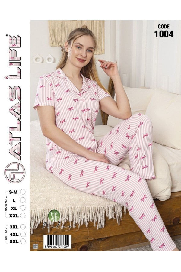 Toptan Atlas Life Gömlek Yaka Kısa Kollu Pijama Takımı Pembe Kalp Desenli Battal