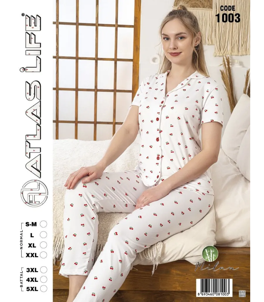 Toptan Atlas Life Gömlek Yaka Kısa Kollu Pijama Takımı Beyaz Kalp Desenli Normal
