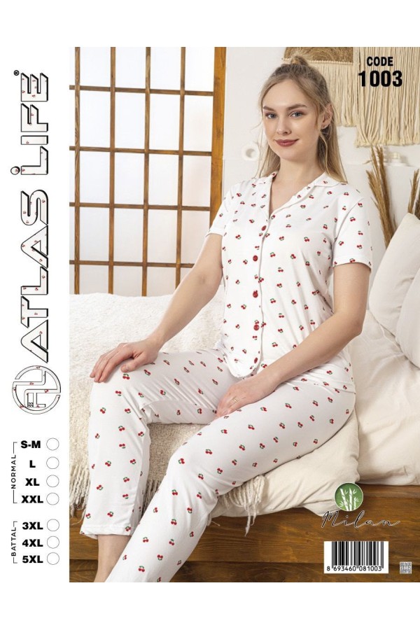 Toptan Atlas Life Gömlek Yaka Kısa Kollu Pijama Takımı Beyaz Kalp Desenli Battal