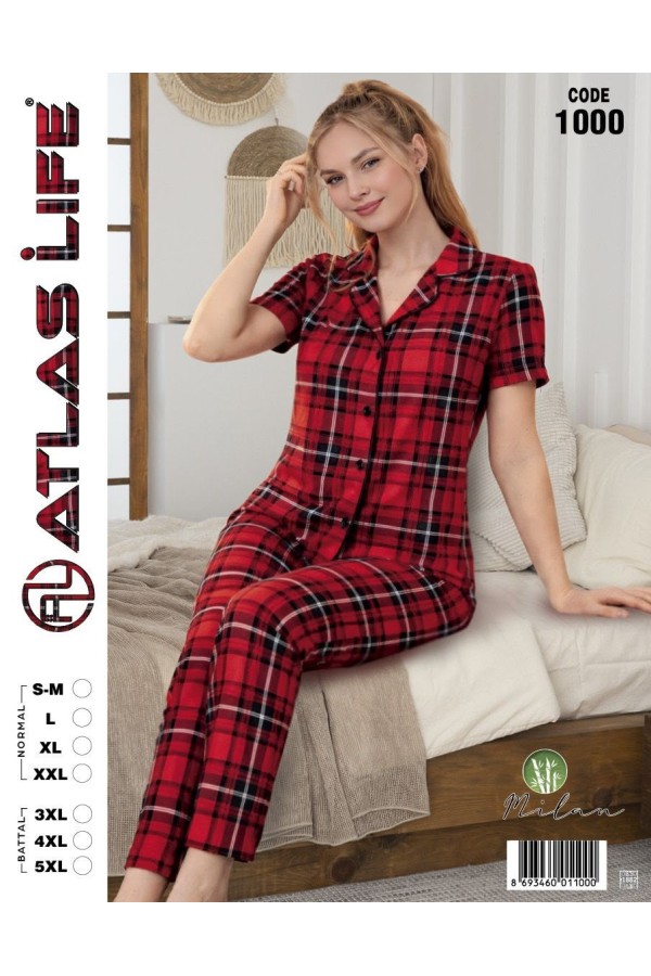 Toptan Atlas Life Gömlek Yaka Kısa Kollu Pijama Takımı Kırmızı Ekose Normal