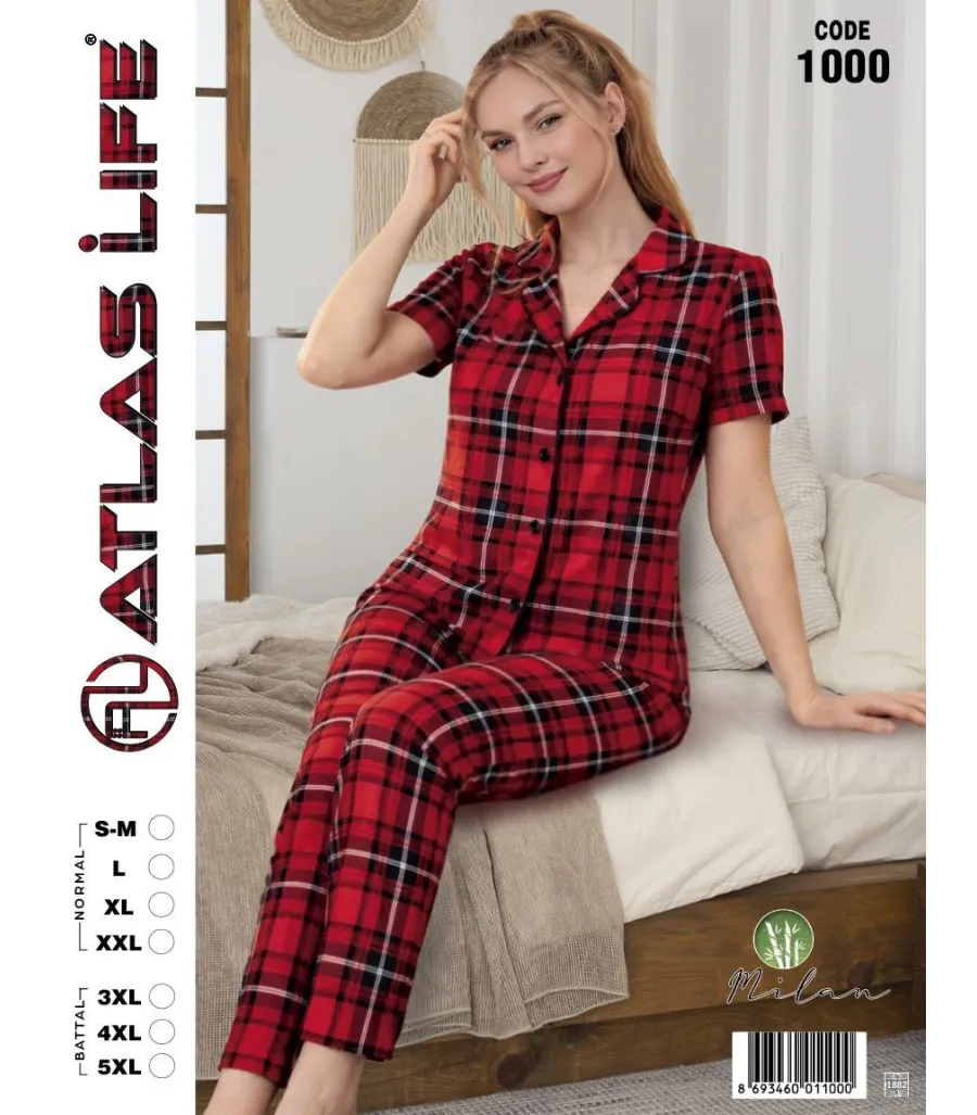 Toptan Atlas Life Gömlek Yaka Kısa Kollu Pijama Takımı Kırmızı Ekose Normal