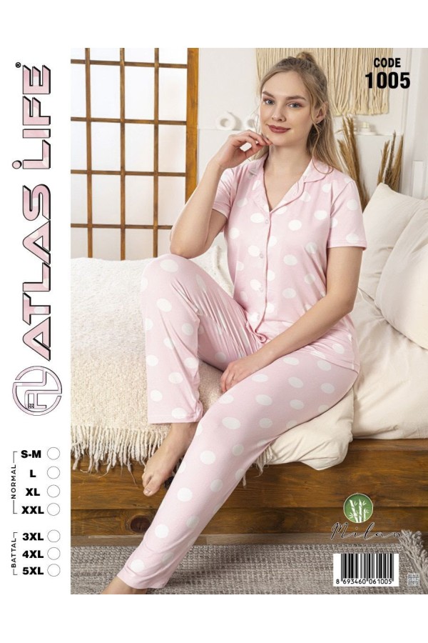 Toptan Atlas Life Gömlek Yaka Kısa Kollu Pijama Takımı Pudra Düz Battal