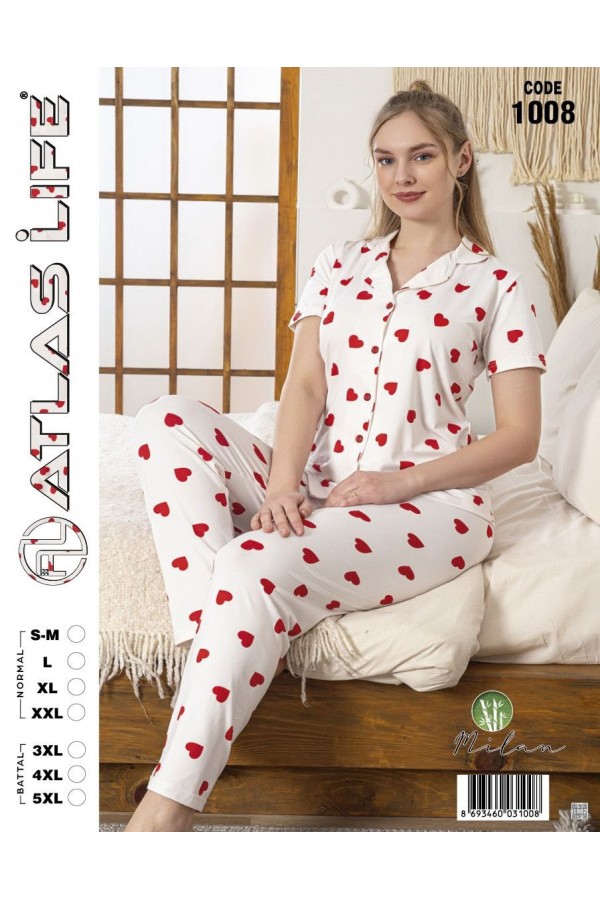 Toptan Atlas Life Gömlek Yaka Kısa Kollu Pijama Takımı Beyaz Büyük Kalp Desenli Battal