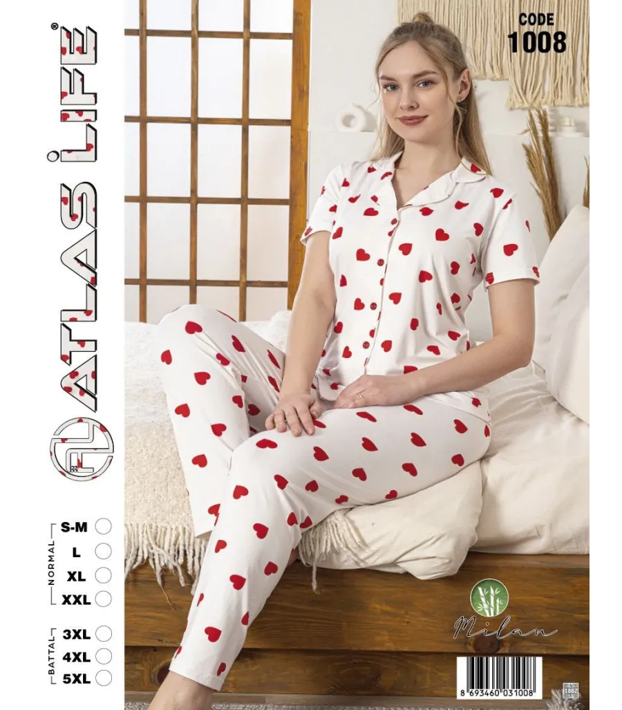 Toptan Atlas Life Gömlek Yaka Kısa Kollu Pijama Takımı Beyaz Büyük Kalp Desenli Battal