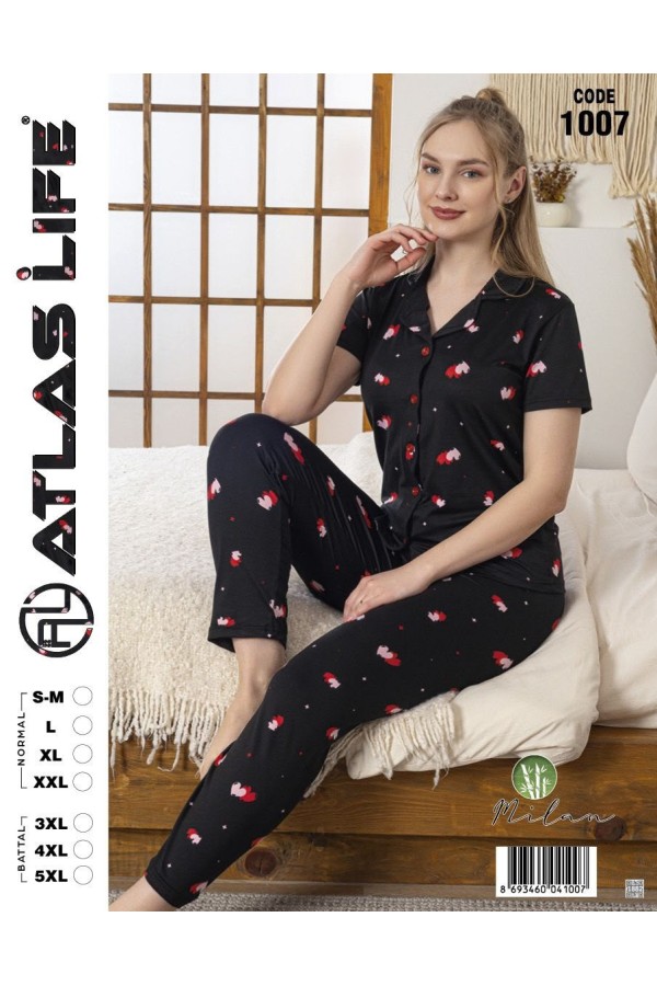 Toptan Atlas Life Gömlek Yaka Kısa Kollu Pijama Takımı Siyah Dantelli Kalp Desenli Normal