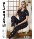 Toptan Atlas Life Gömlek Yaka Kısa Kollu Pijama Takımı Siyah Dantelli Kalp Desenli Normal