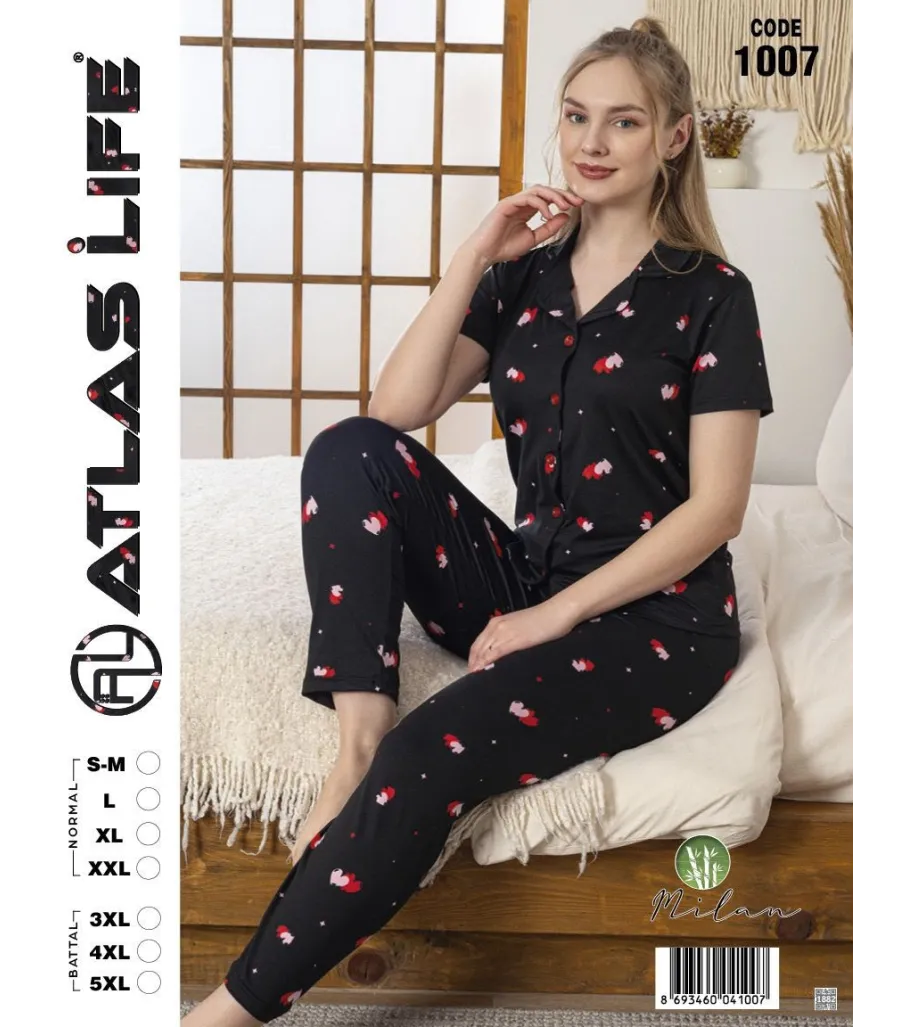 Toptan Atlas Life Gömlek Yaka Kısa Kollu Pijama Takımı Siyah Dantelli Kalp Desenli Battal