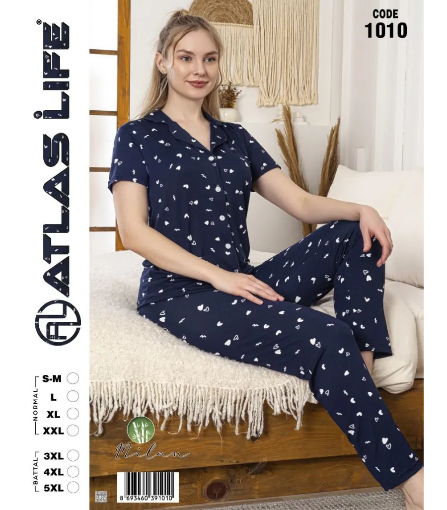 Toptan Atlas Life Gömlek Yaka Kısa Kollu Pijama Takımı Lacivert Kalp Desenli Normal