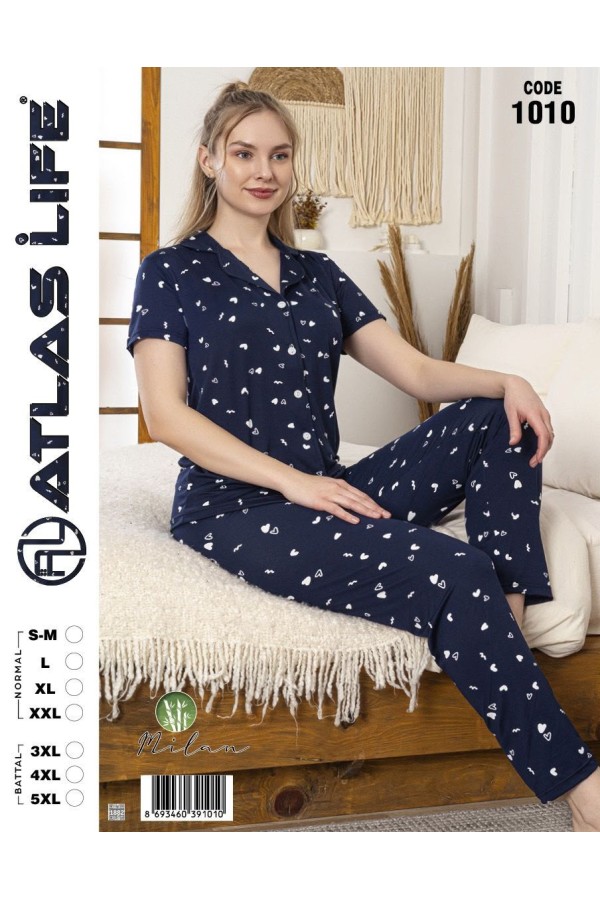 Toptan Atlas Life Gömlek Yaka Kısa Kollu Pijama Takımı Lacivert Kalp Desenli Battal