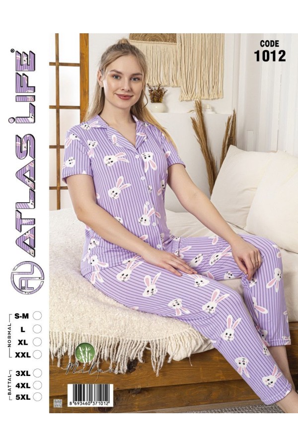 Toptan Atlas Life Gömlek Yaka Kısa Kollu Pijama Takımı Lila Tavşan Desenli Normal