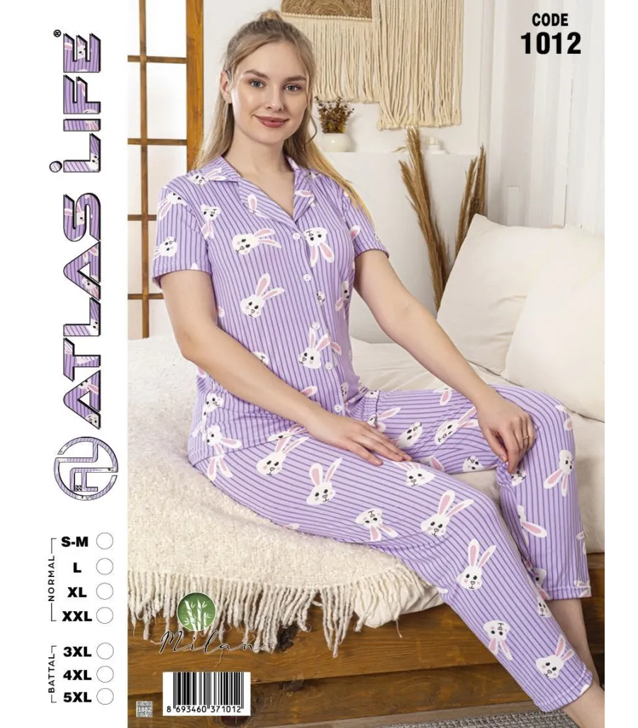 Toptan Atlas Life Gömlek Yaka Kısa Kollu Pijama Takımı Lila Tavşan Desenli Normal