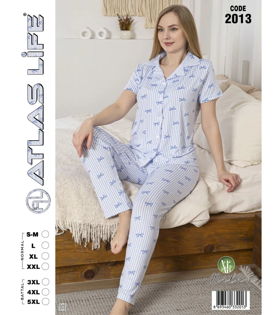 Toptan Atlas Life Gömlek Yaka Kısa Kollu Pijama Takımı Mavi Puantiyeli Normal