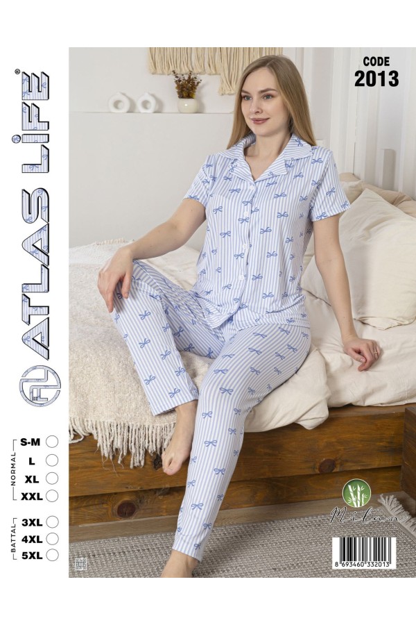 Toptan Atlas Life Gömlek Yaka Kısa Kollu Pijama Takımı Mavi Puantiyeli Battal