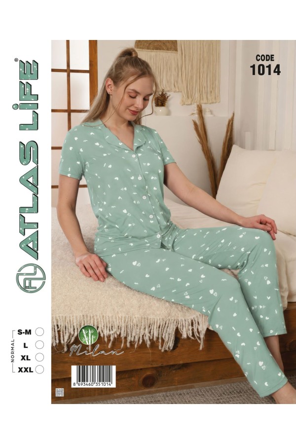 Toptan Atlas Life Gömlek Yaka Kısa Kollu Pijama Takımı Yeşil Puantiyeli Normal