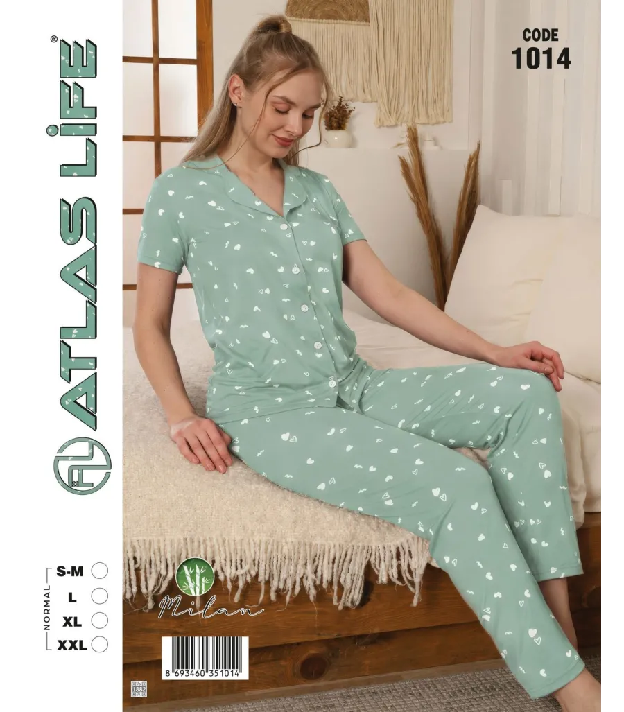 Toptan Atlas Life Gömlek Yaka Kısa Kollu Pijama Takımı Yeşil Puantiyeli Normal