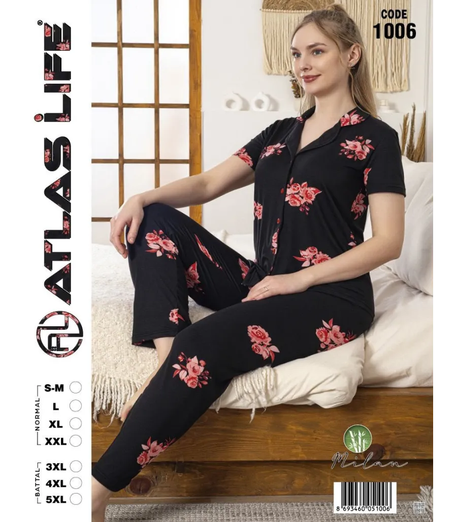 Toptan Atlas Life Gömlek Yaka Kısa Kollu Pijama Takımı Siyah Gül Desenli Normal