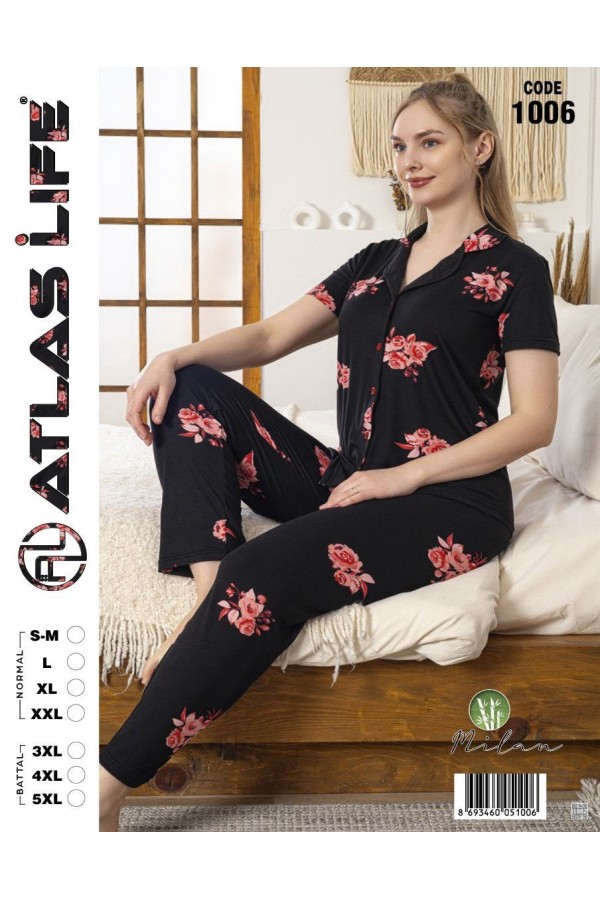 Toptan Atlas Life Gömlek Yaka Kısa Kollu Pijama Takımı Siyah Gül Desenli Battal