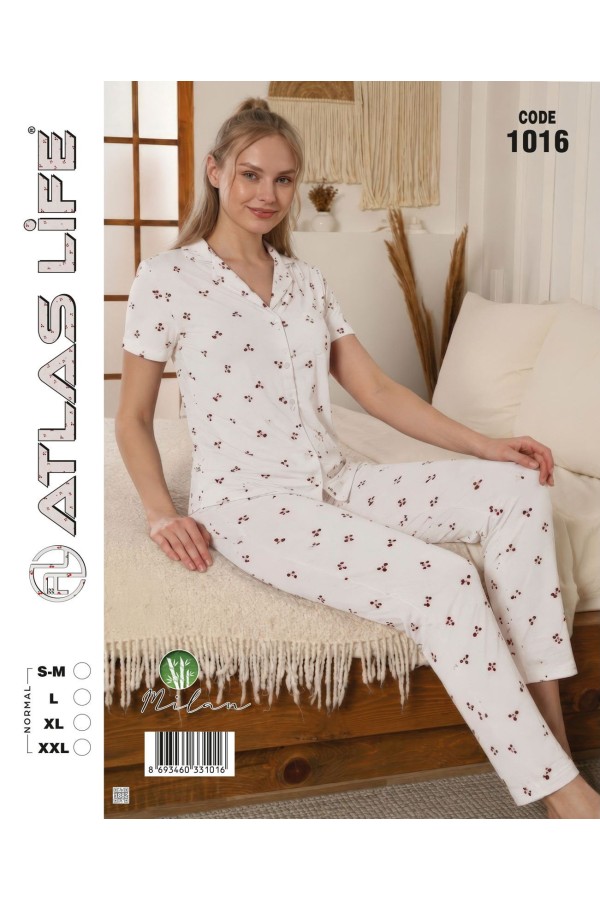 Toptan Atlas Life Gömlek Yaka Kısa Kollu Pijama Takımı Beyaz Kalp Desenli Normal