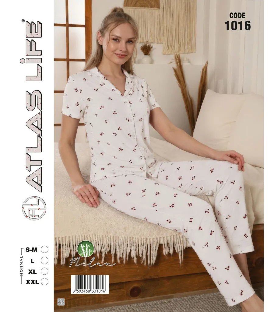 Toptan Atlas Life Gömlek Yaka Kısa Kollu Pijama Takımı Beyaz Kalp Desenli Normal